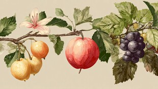 手绘枝头多彩水果组合