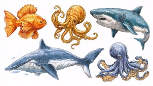 海洋生物水彩插画集合