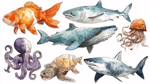 海洋生物水彩插画集合