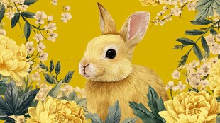 黄色花丛中的可爱小兔子