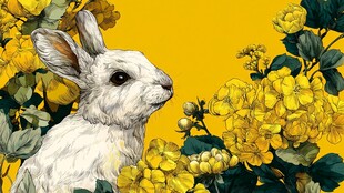 白兔伴繁花 清新插画风