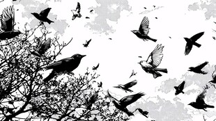 群鸟纷飞于枝头天空