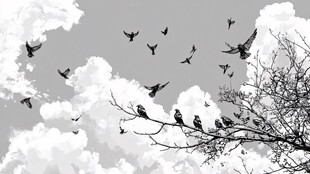 飞鸟栖枝于云海间