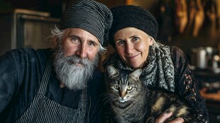 老夫妇与猫咪的温馨瞬间