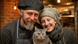 厨师夫妇与猫咪的温馨瞬间