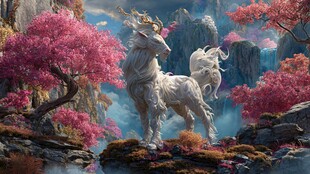 奇幻仙鹿立于烂漫花林间