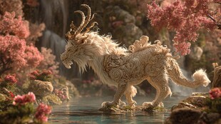 仙幻白麟龙立于繁花溪流间