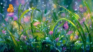 雨后花草间的蝴蝶美景