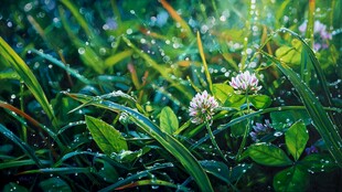 晨露中的三叶草与青草