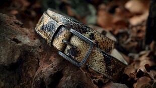 蛇纹皮带置于枯叶岩石间