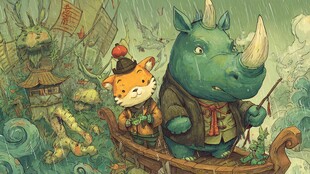 狐犀雨中泛舟奇幻场景