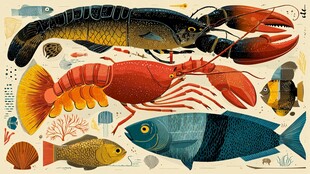 海洋生物插画 多彩鱼虾蟹
