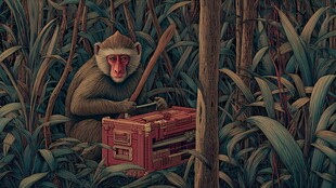 猴子持棍守红箱于丛林