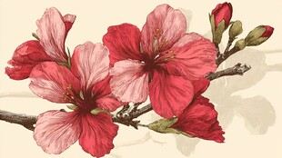 手绘红粉桃花枝头绽放