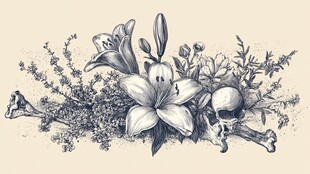 手绘百合与骷髅植物组合