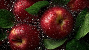 红苹果带叶浸于气泡水中