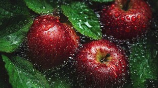 带水珠的红苹果与绿叶