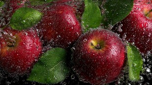 红苹果带叶浸于水中