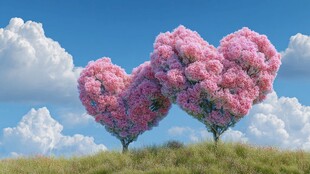 浪漫心形花树绽于蓝天