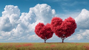 爱心树在蓝天白云下绽放