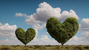 心形绿树映蓝天