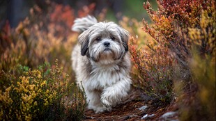 漫步花丛的可爱小狗狗