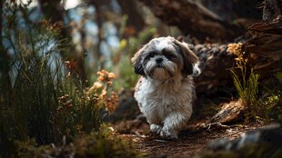 林间漫步的可爱西施犬