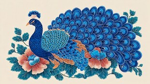 蓝孔雀伴花精美插画