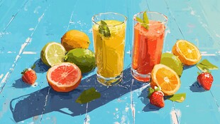 夏日缤纷果汁与鲜果组合