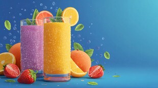 两杯缤纷果汁与新鲜水果