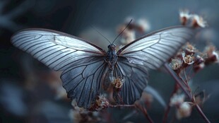 优雅白蝶停驻于花枝间