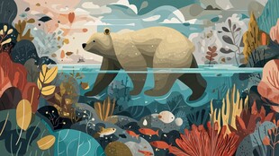 北极熊在多彩海底世界漫步