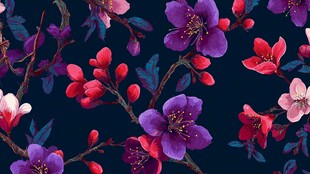 深蓝色底多彩花卉图案