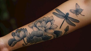 手臂上的荷花蜻蜓蝴蝶纹身
