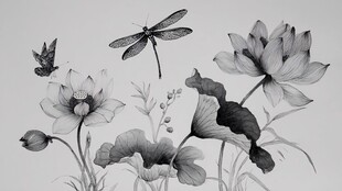 黑白花卉间的蝶与蜻蜓