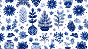 蓝白花卉植物图案设计