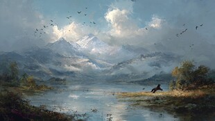 湖畔骏马伴飞鸟的山水景