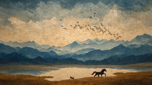 草原湖畔骏马飞鸟之景