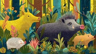 森林中的可爱野猪与刺猬