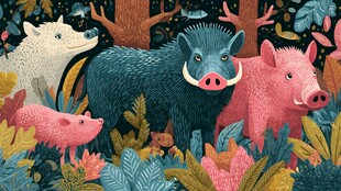 森林中的多彩野猪家族