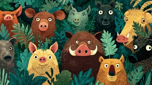 森林中可爱的野猪与伙伴们