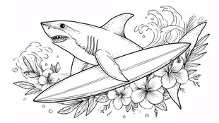 鲨鱼乘冲浪板的海洋插画