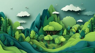 纸艺风梦幻绿色山林景观