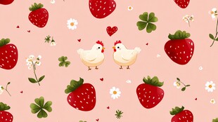 草莓小鸡浪漫花卉图案