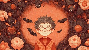 戴眼镜男孩置身奇幻花丛中