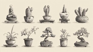 盆栽艺术 多样盆景与佛像