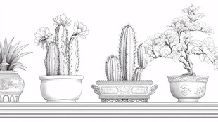 盆栽线描图 多样植物造型