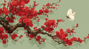 红梅枝头蝶飞舞
