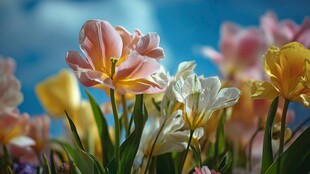 多彩郁金香绽放蓝天之下