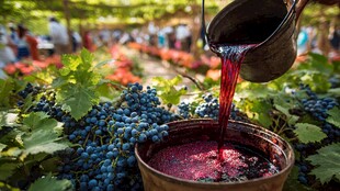 葡萄酿酒现场 汁水倾入桶中